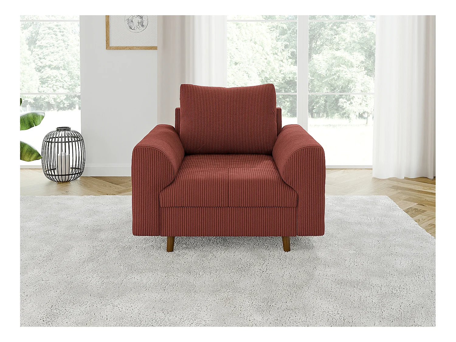 Jasper - Sessel mit Braun Holzfüßen im skandinavischen Stil aus Terracotta Cord-Stoff