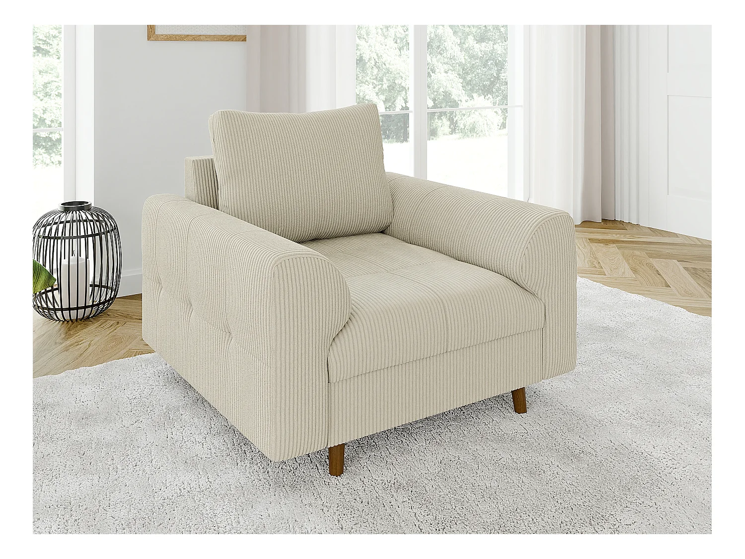 Jasper - Sessel mit Braun Holzfüßen im skandinavischen Stil aus Beige Cord-Stoff