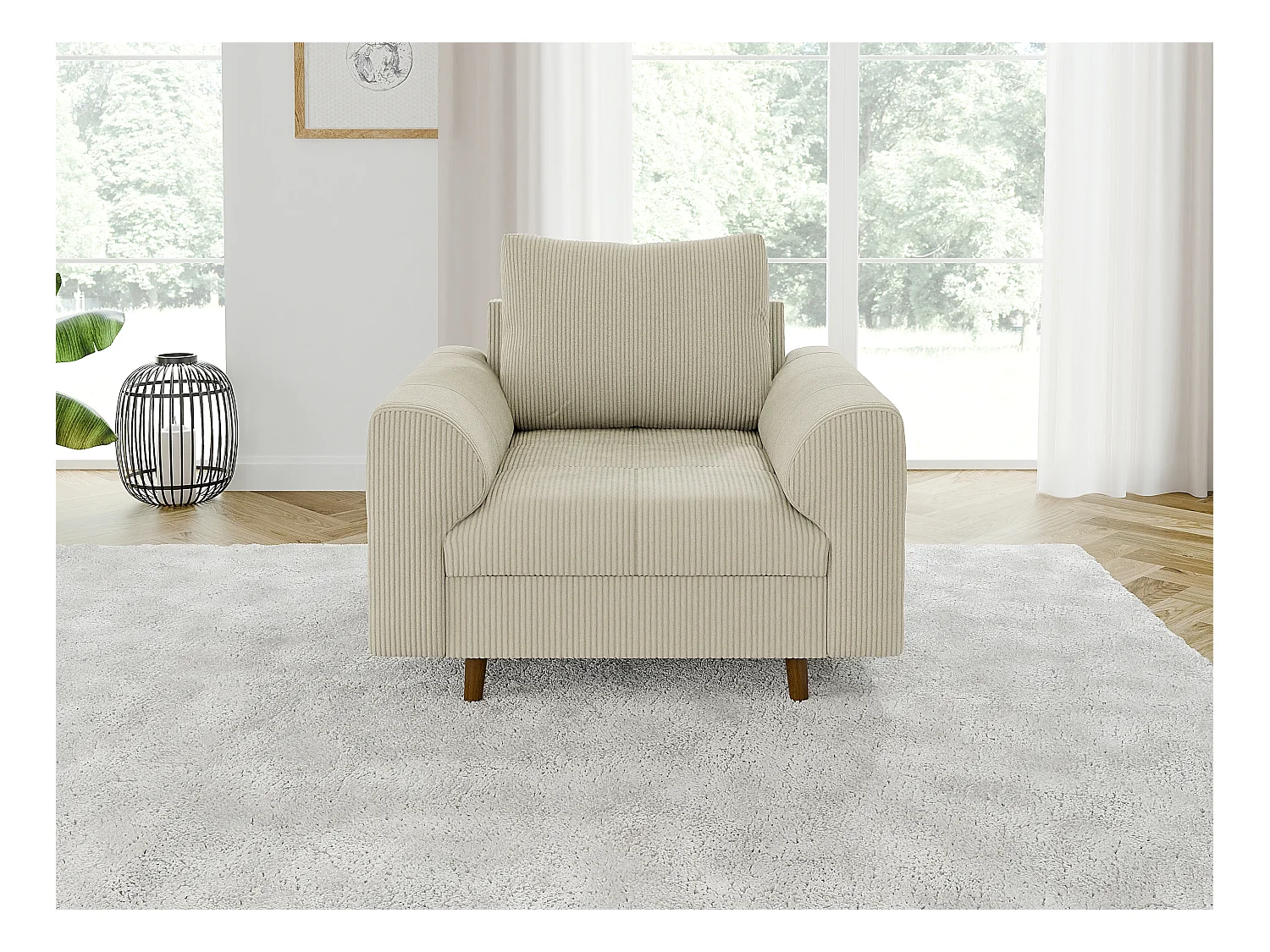 Jasper - Sessel mit Braun Holzfüßen im skandinavischen Stil aus Beige Cord-Stoff