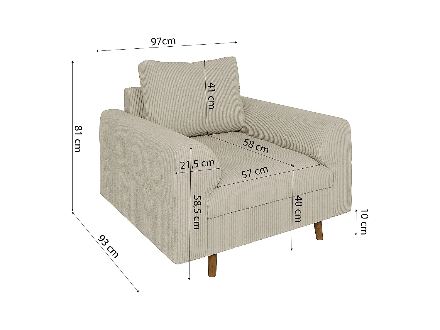 Jasper - Sessel mit Braun Holzfüßen im skandinavischen Stil aus Beige Cord-Stoff