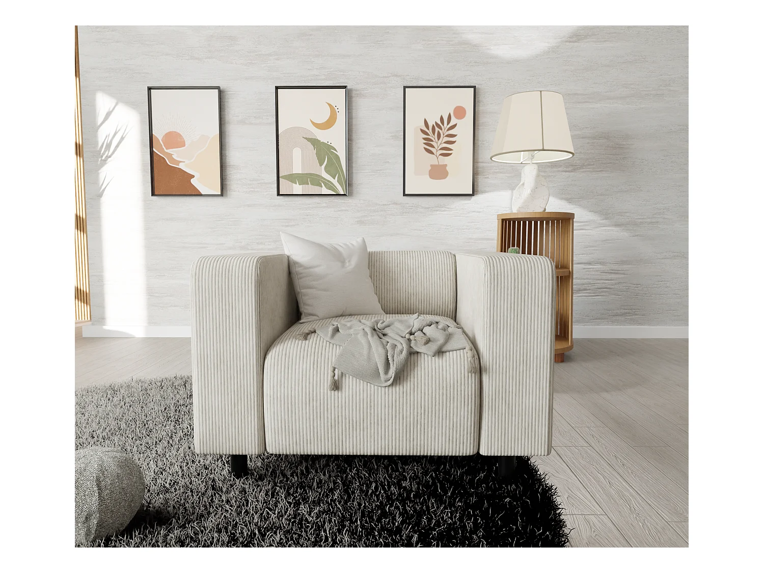 Fauteuil moderne en velours côtelé beige avec assise confortable THORA