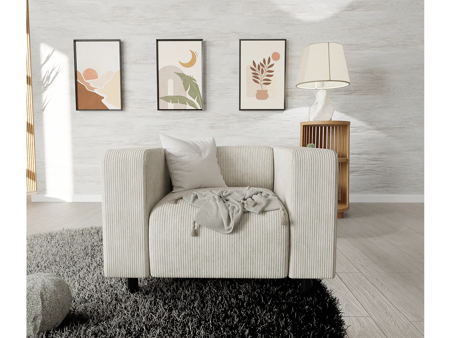 Fauteuil moderne en velours côtelé beige avec assise confortable THORA