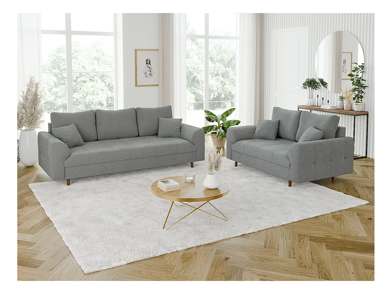 Nils - Polstergarnitur 3+2 mit Braun Holzfüßen im skandinavischen Stil aus Grau Boucle-Stoff