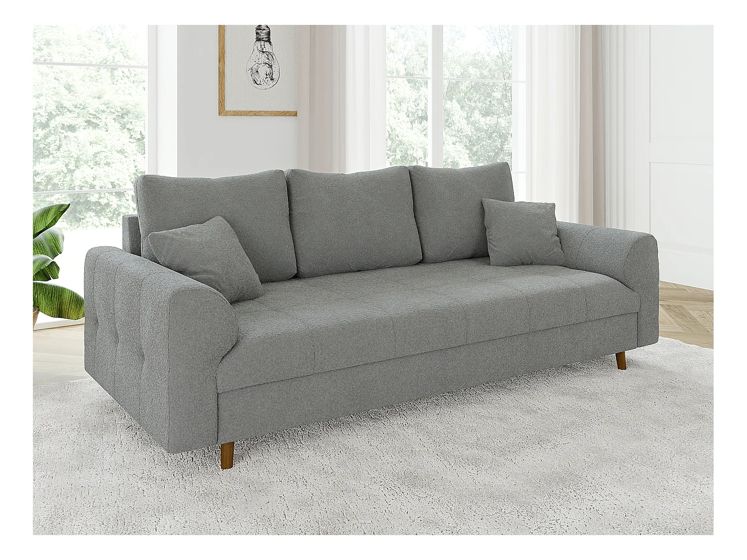 Nils - Polstergarnitur 3+2 mit Braun Holzfüßen im skandinavischen Stil aus Grau Boucle-Stoff