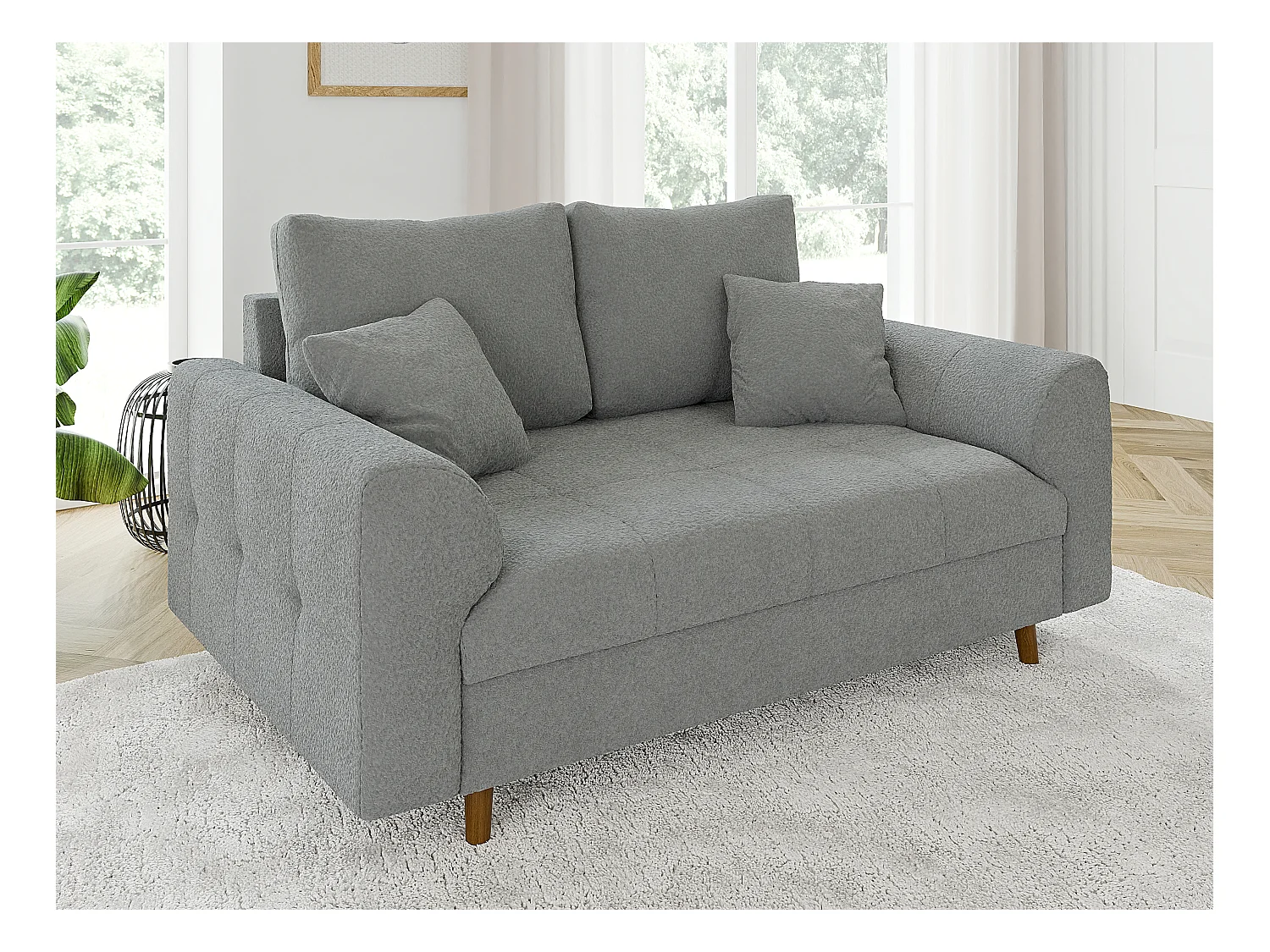 Nils - Polstergarnitur 3+2 mit Braun Holzfüßen im skandinavischen Stil aus Grau Boucle-Stoff