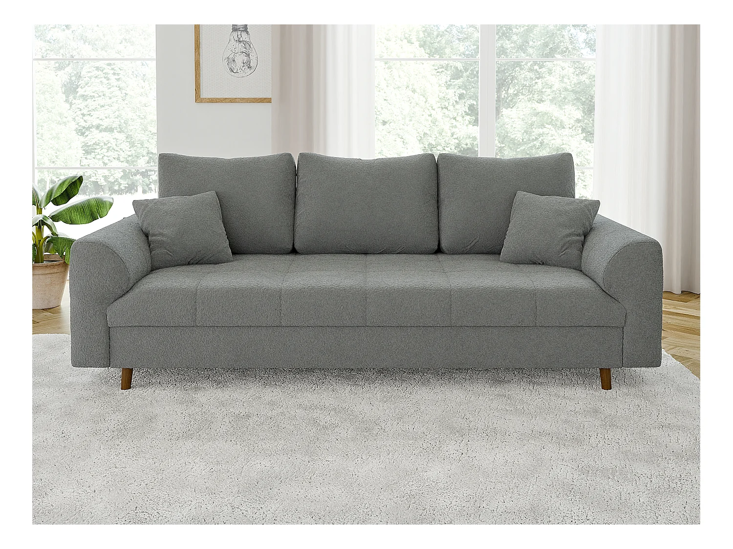 Nils - Polstergarnitur 3+2 mit Braun Holzfüßen im skandinavischen Stil aus Grau Boucle-Stoff