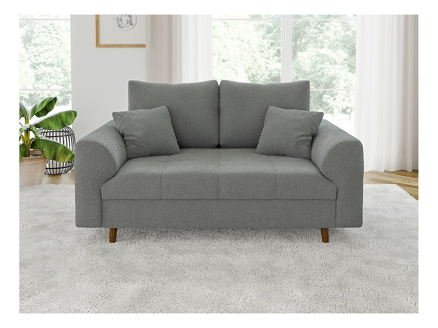 Nils - Polstergarnitur 3+2 mit Braun Holzfüßen im skandinavischen Stil aus Grau Boucle-Stoff