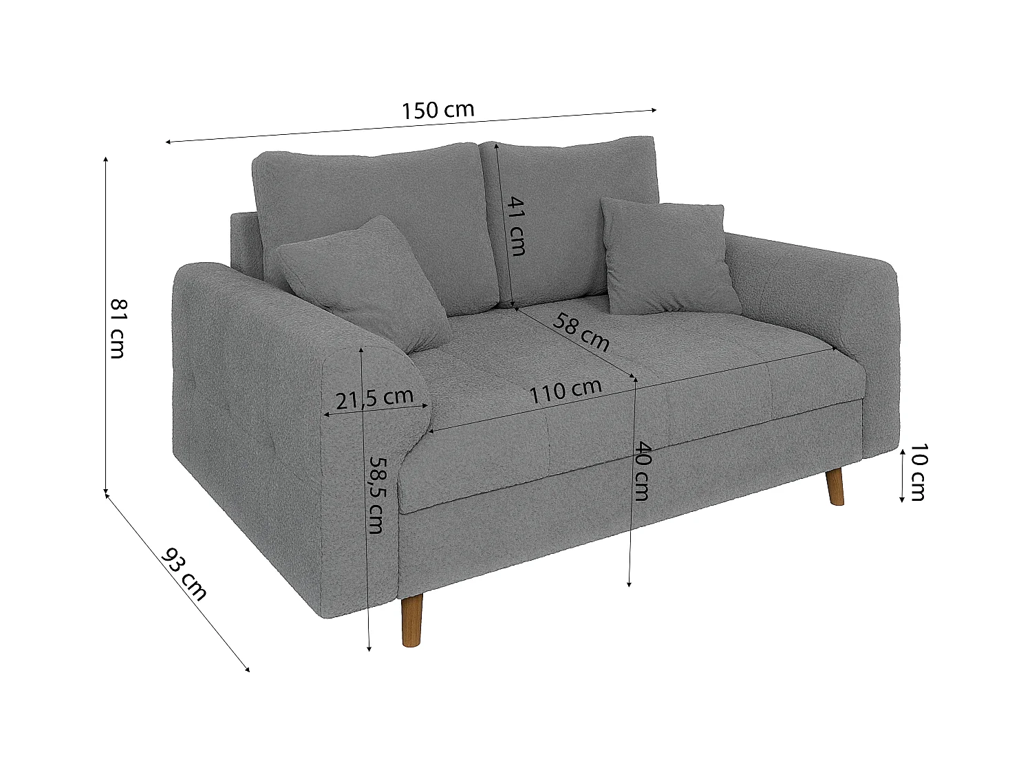 Nils - Polstergarnitur 3+2 mit Braun Holzfüßen im skandinavischen Stil aus Grau Boucle-Stoff