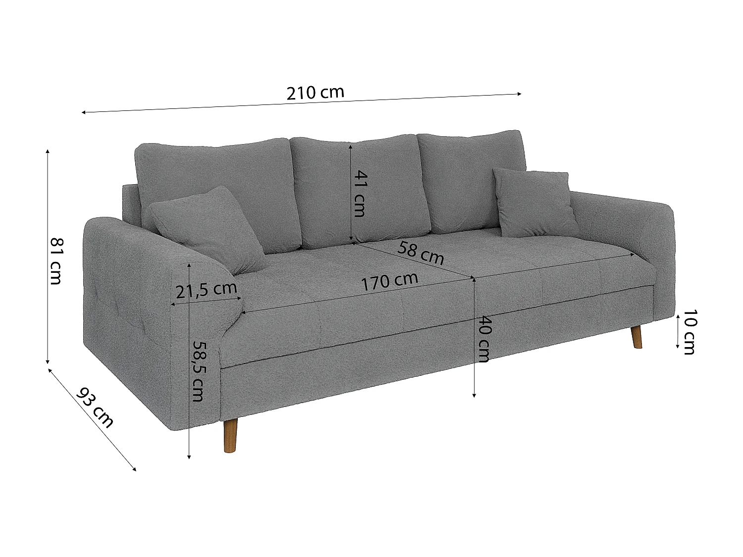 Nils - Polstergarnitur 3+2 mit Braun Holzfüßen im skandinavischen Stil aus Grau Boucle-Stoff