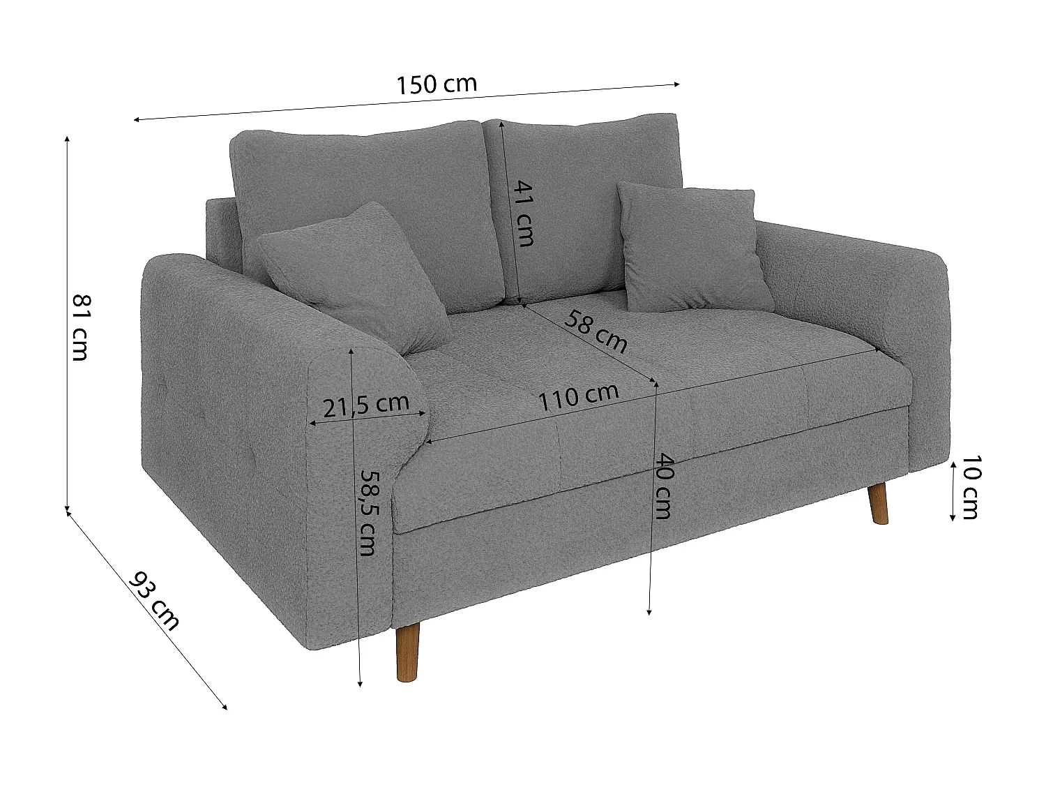 Nils - Polstergarnitur 3+2 mit Braun Holzfüßen im skandinavischen Stil aus Grau Boucle-Stoff