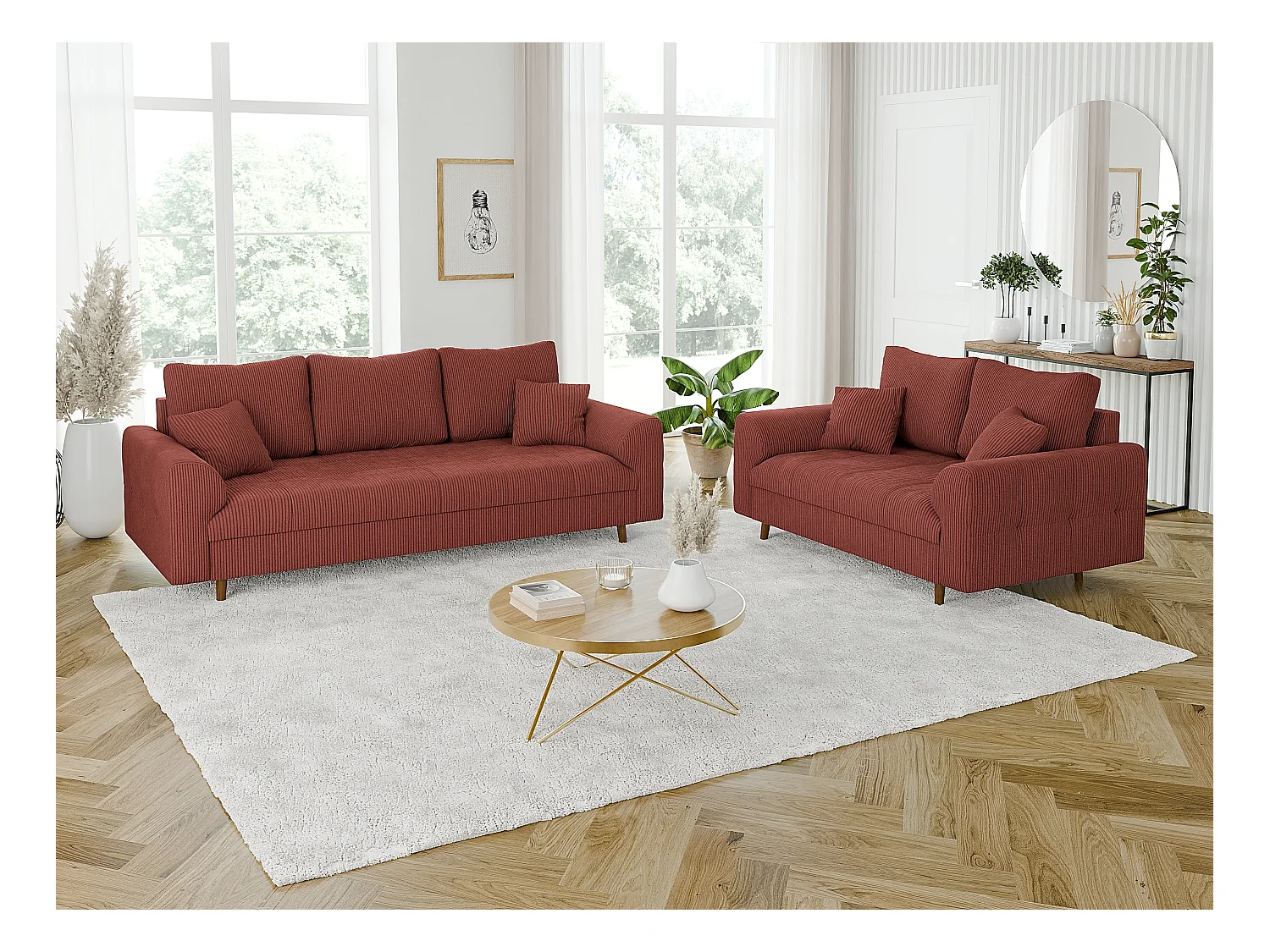 Jasper - Polstergarnitur 3+2 mit Braun Holzfüßen im skandinavischen Stil aus Terrakotta Cord-Stoff