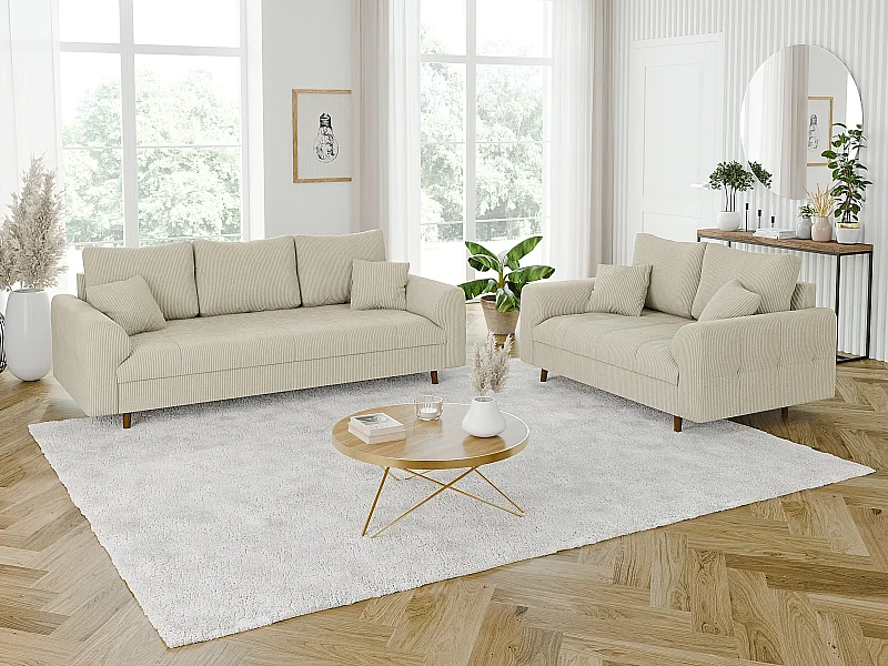 Jasper - Polstergarnitur 3+2 mit Braun Holzfüßen im skandinavischen Stil aus Beige Cord-Stoff