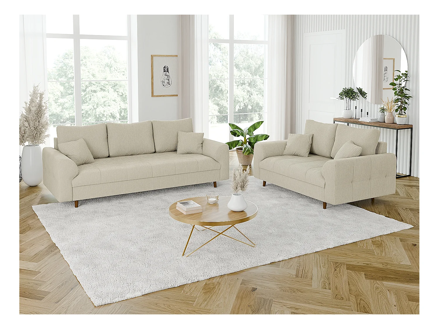 Jasper - Polstergarnitur 3+2 mit Braun Holzfüßen im skandinavischen Stil aus Beige Cord-Stoff