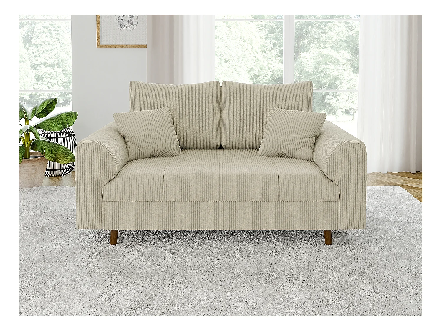 Jasper - Polstergarnitur 3+2 mit Braun Holzfüßen im skandinavischen Stil aus Beige Cord-Stoff