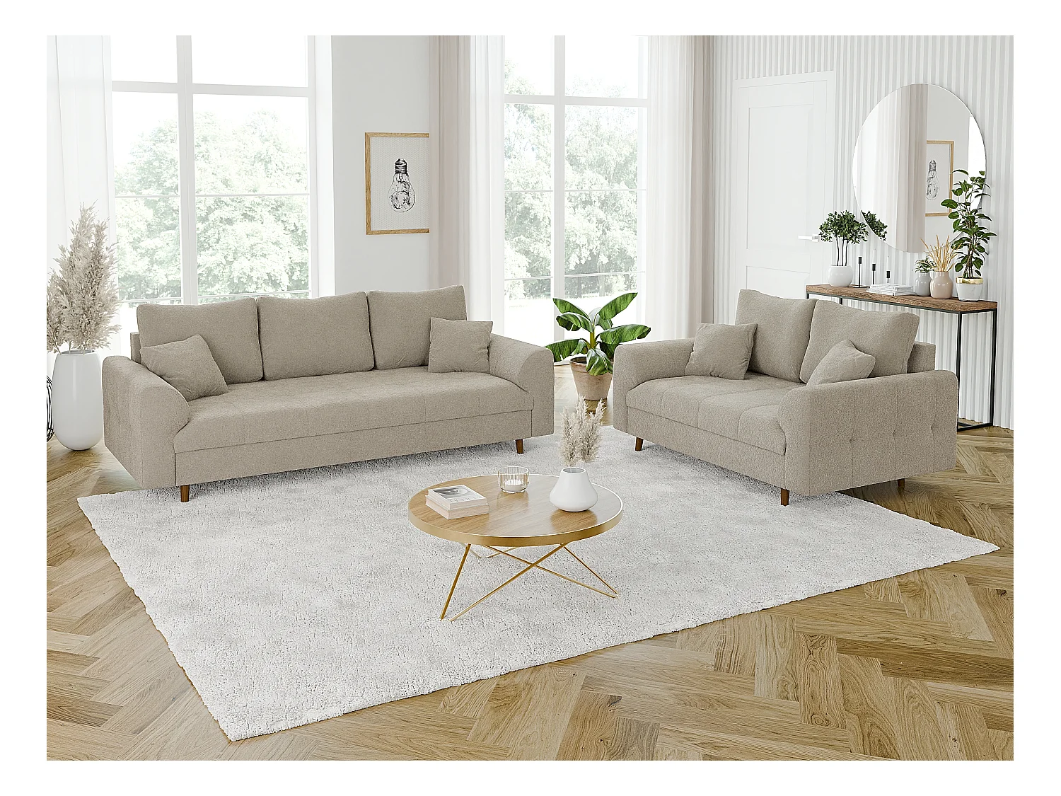 Nils - Polstergarnitur 3+2 mit Braun Holzfüßen im skandinavischen Stil aus Beige Boucle-Stoff