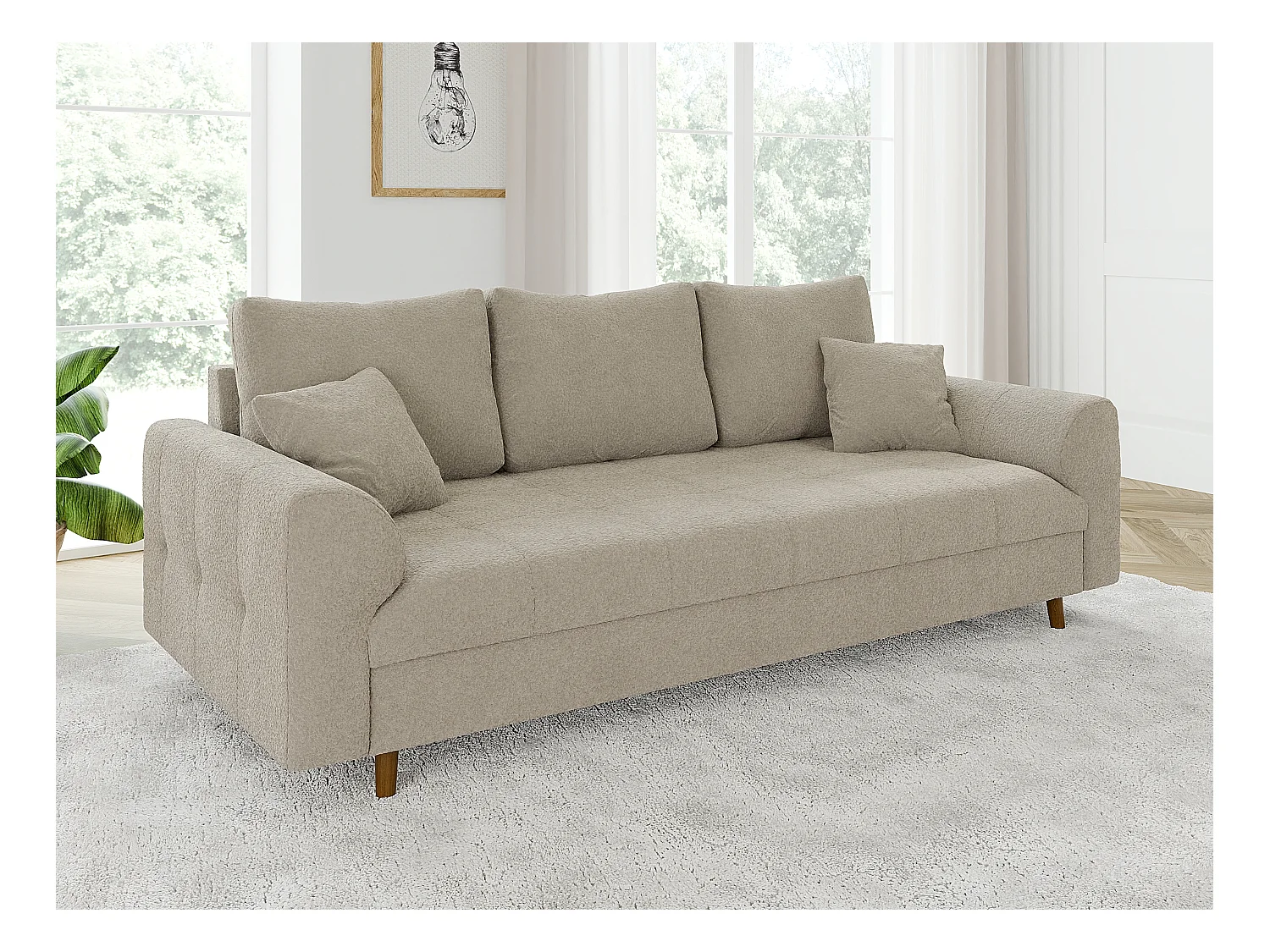 Nils - Polstergarnitur 3+2 mit Braun Holzfüßen im skandinavischen Stil aus Beige Boucle-Stoff