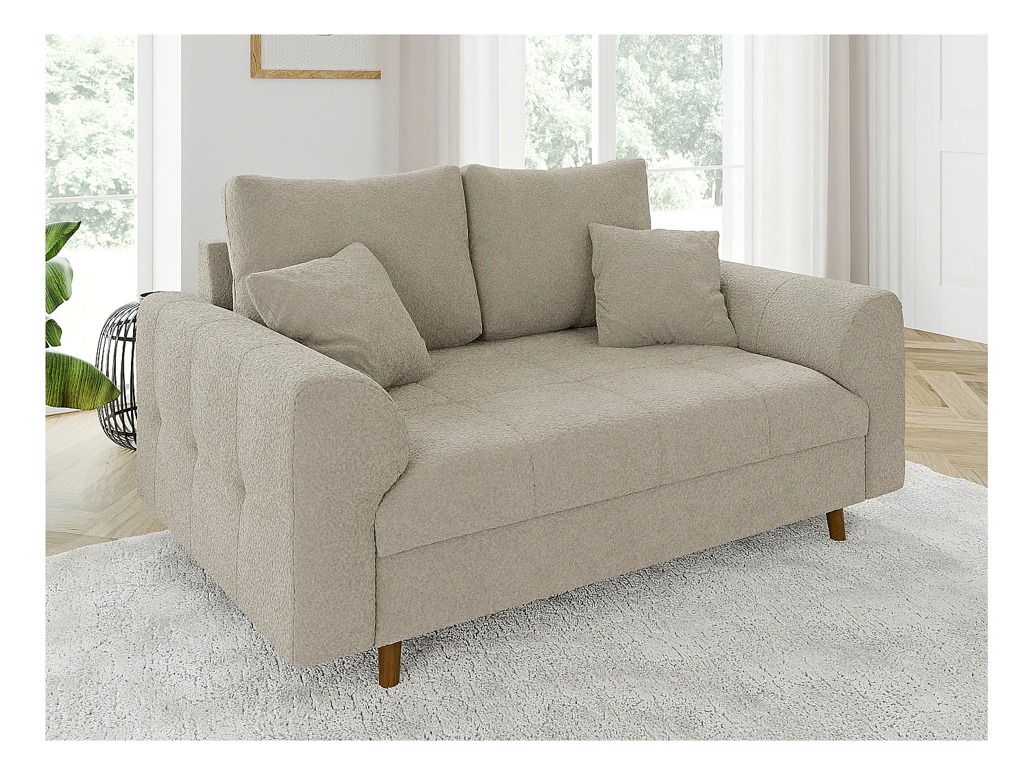 Nils - Polstergarnitur 3+2 mit Braun Holzfüßen im skandinavischen Stil aus Beige Boucle-Stoff