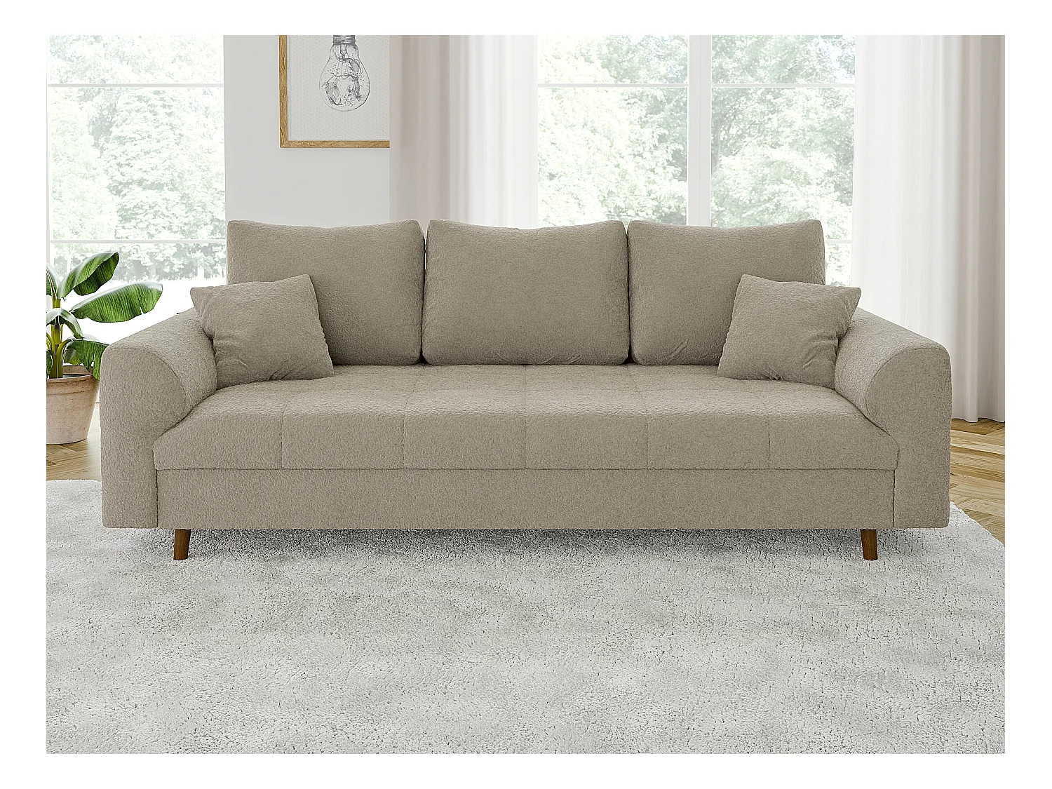 Nils - Polstergarnitur 3+2 mit Braun Holzfüßen im skandinavischen Stil aus Beige Boucle-Stoff