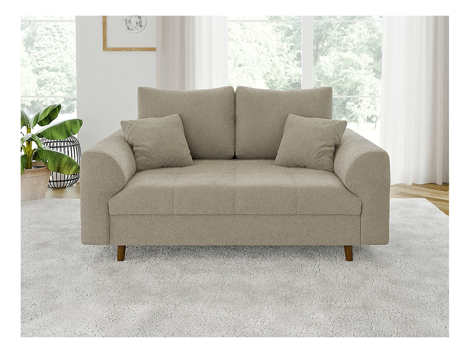 Nils - Polstergarnitur 3+2 mit Braun Holzfüßen im skandinavischen Stil aus Beige Boucle-Stoff