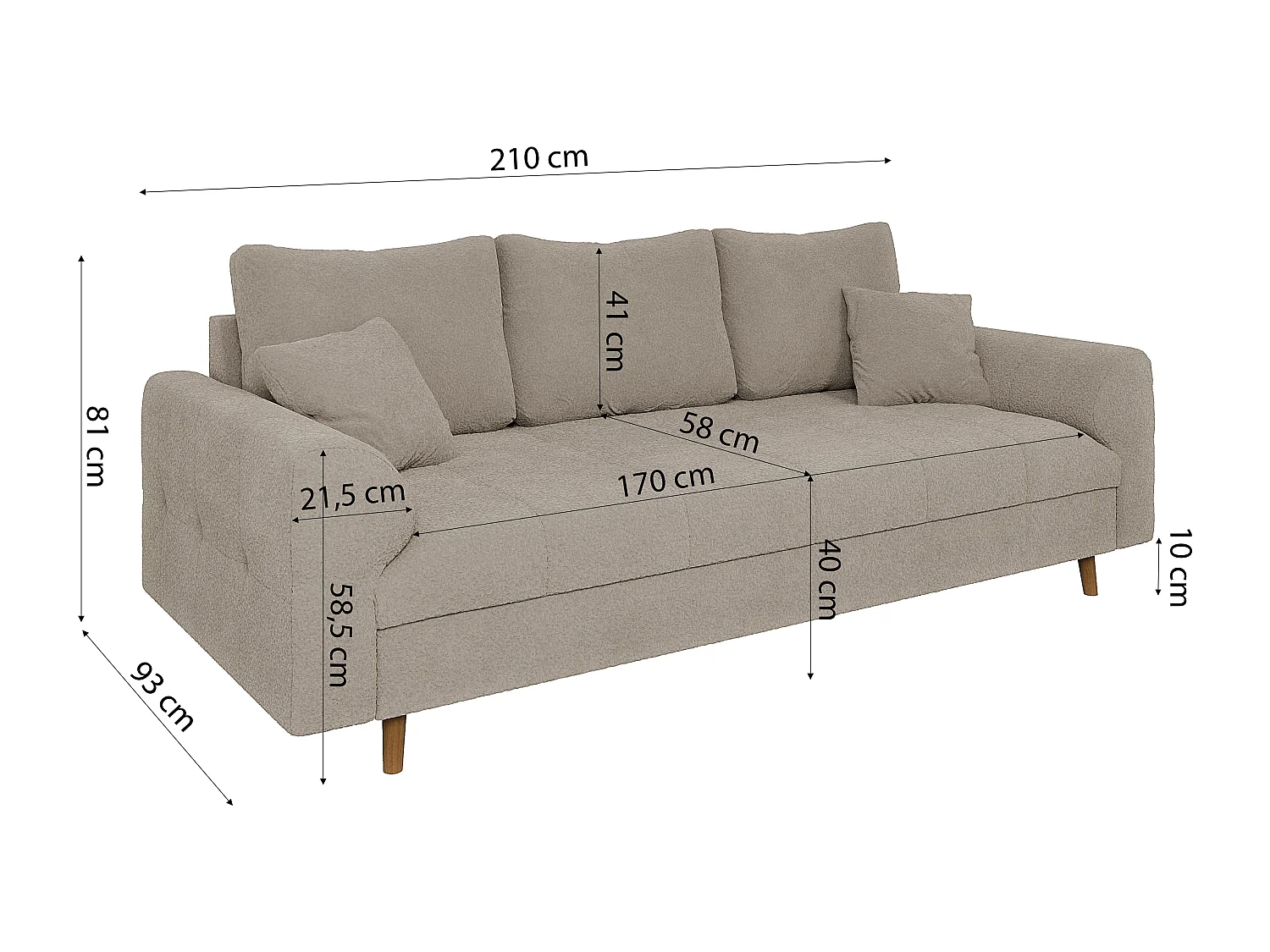 Nils - Polstergarnitur 3+2 mit Braun Holzfüßen im skandinavischen Stil aus Beige Boucle-Stoff
