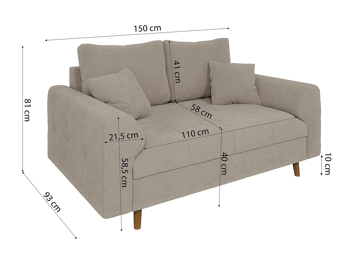 Nils - Polstergarnitur 3+2 mit Braun Holzfüßen im skandinavischen Stil aus Beige Boucle-Stoff