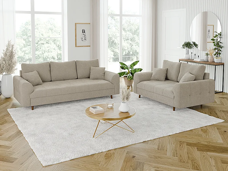 Nils - Polstergarnitur 3+2 mit Braun Holzfüßen im skandinavischen Stil aus Beige Boucle-Stoff