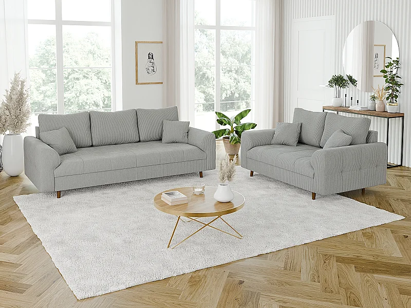 Jasper - Polstergarnitur 3+2 mit Braun Holzfüßen im skandinavischen Stil aus Hellgrau Cord-Stoff