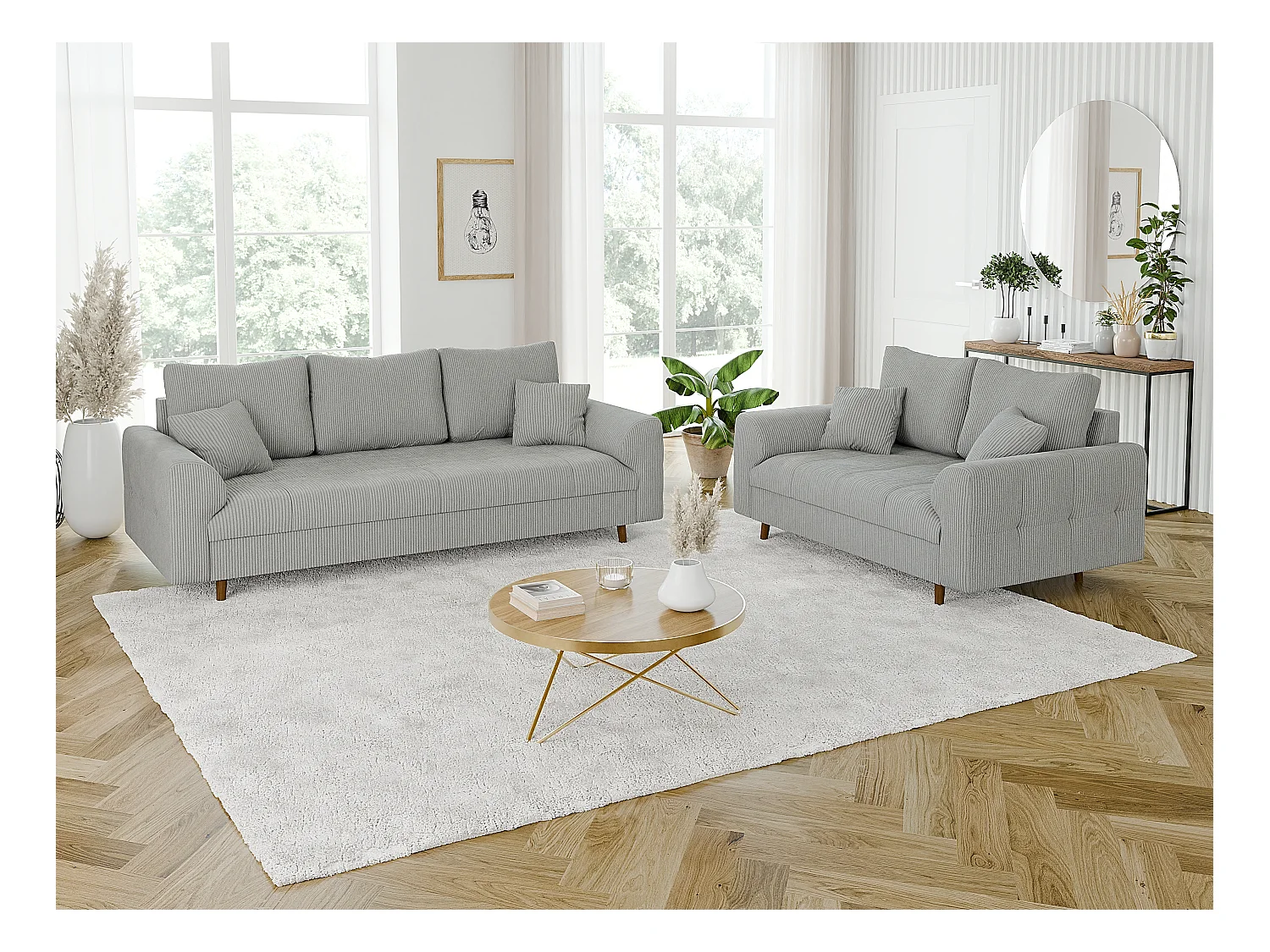 Jasper - Polstergarnitur 3+2 mit Braun Holzfüßen im skandinavischen Stil aus Hellgrau Cord-Stoff