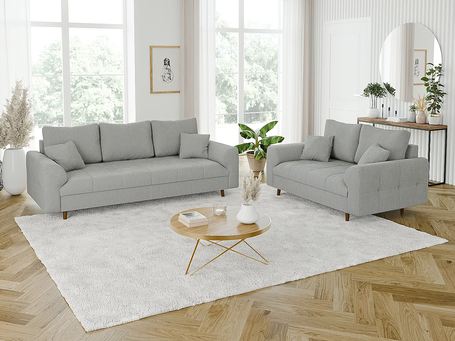 Jasper - Polstergarnitur 3+2 mit Braun Holzfüßen im skandinavischen Stil aus Hellgrau Cord-Stoff