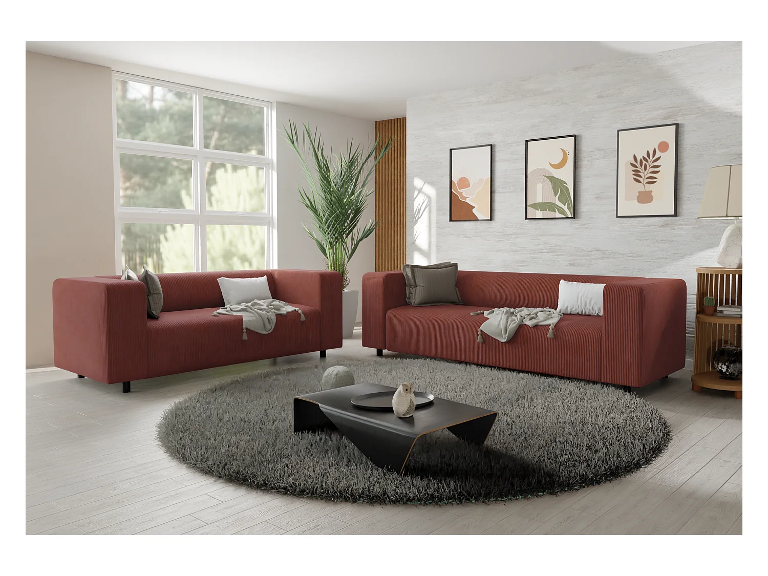 Ensemble de sièges moderne 3+2 en velours côtelé terracotta avec assise confortable THORA