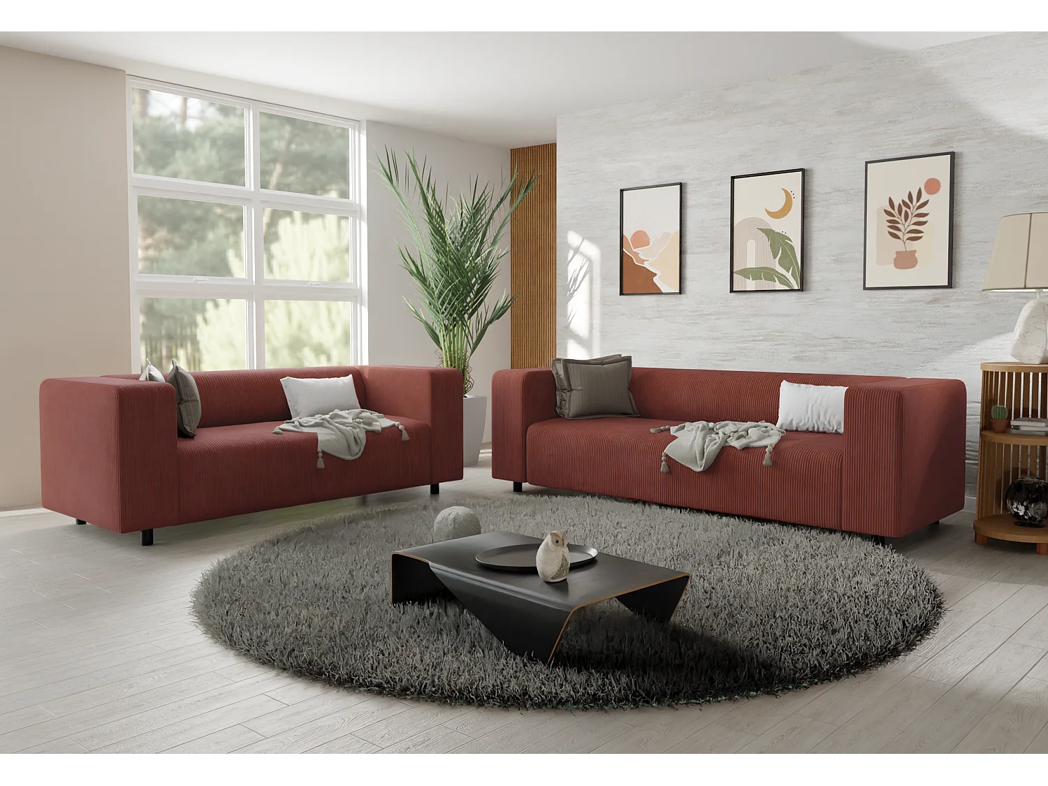 Ensemble de sièges moderne 3+2 en velours côtelé terracotta avec assise confortable THORA