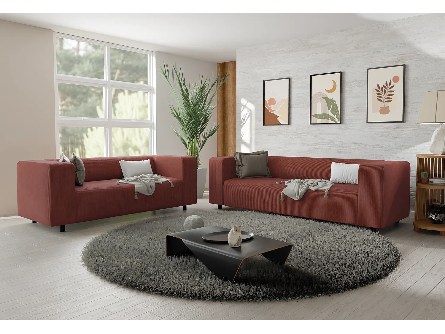 Ensemble de sièges moderne 3+2 en velours côtelé terracotta avec assise confortable THORA