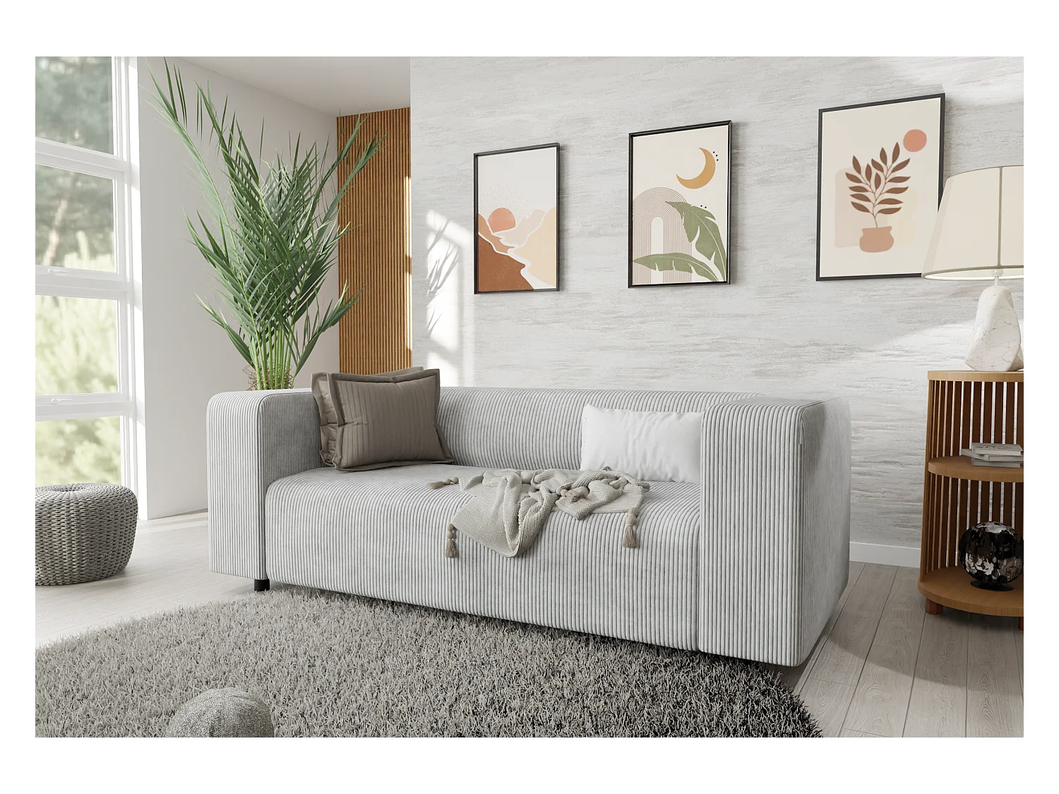 Ensemble de sièges moderne 3+2 en velours côtelé gris clair avec assise confortable THORA