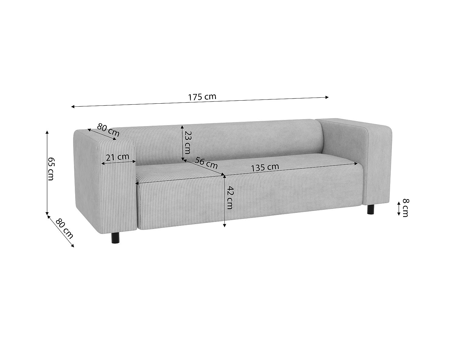 Ensemble de sièges moderne 3+2 en velours côtelé gris clair avec assise confortable THORA