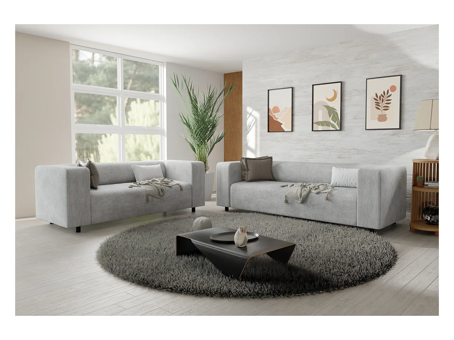 Ensemble de sièges moderne 3+2 en velours côtelé gris clair avec assise confortable THORA