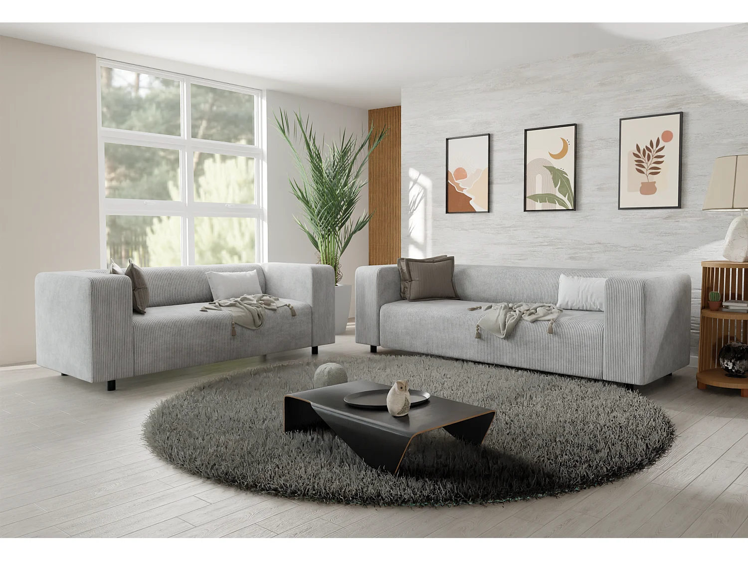 Ensemble de sièges moderne 3+2 en velours côtelé gris clair avec assise confortable THORA