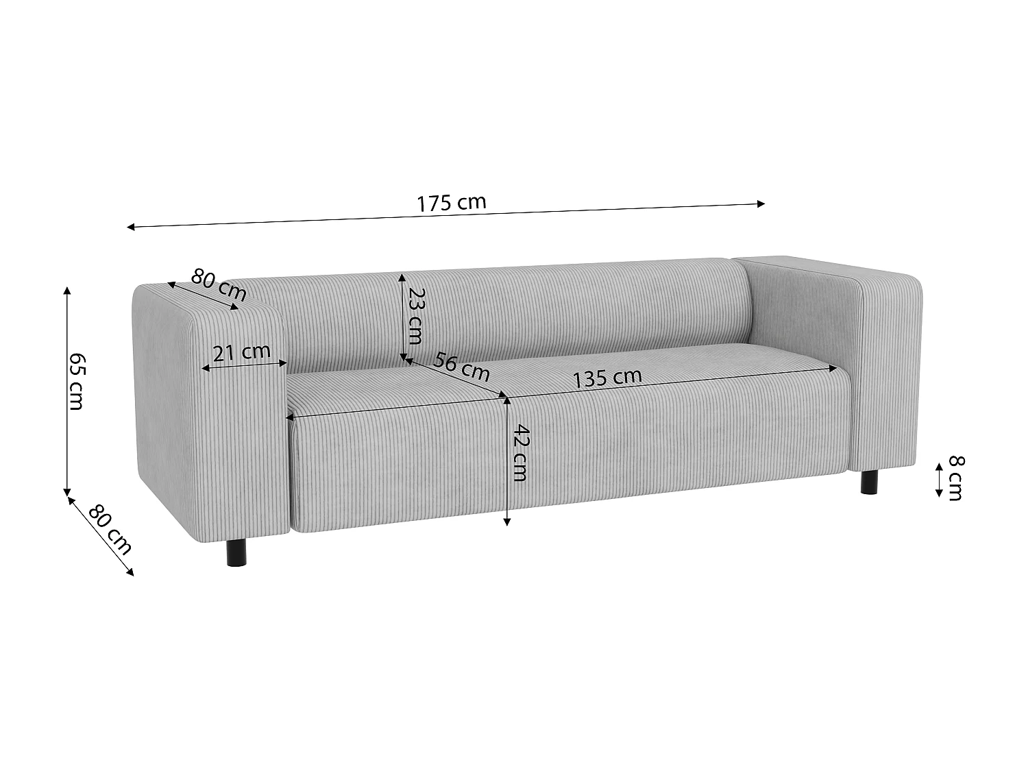 Ensemble de sièges moderne 3+2 en velours côtelé gris clair avec assise confortable THORA