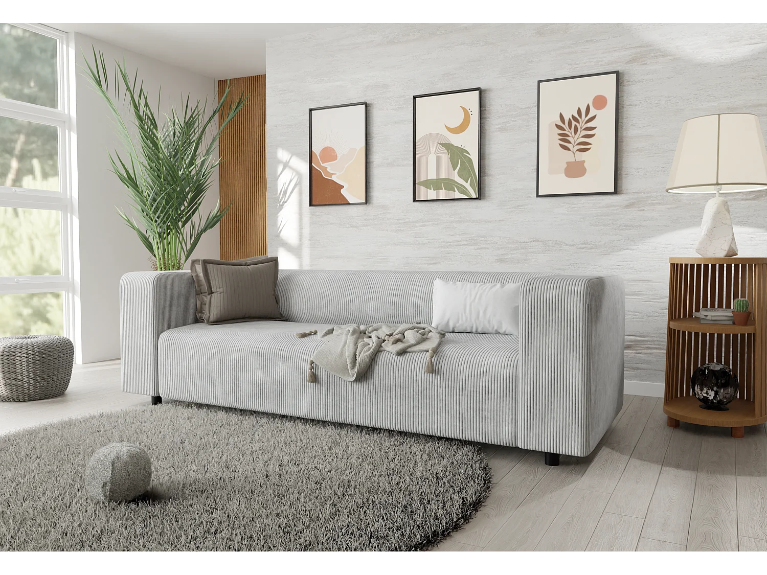 Ensemble de sièges moderne 3+2 en velours côtelé gris clair avec assise confortable THORA