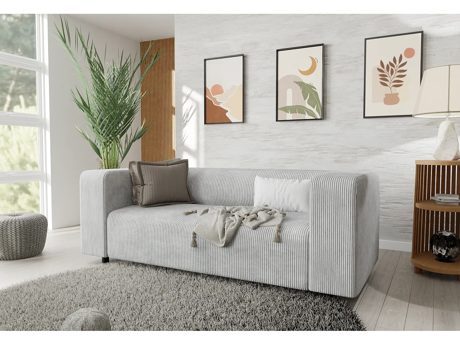 Ensemble de sièges moderne 3+2 en velours côtelé gris clair avec assise confortable THORA