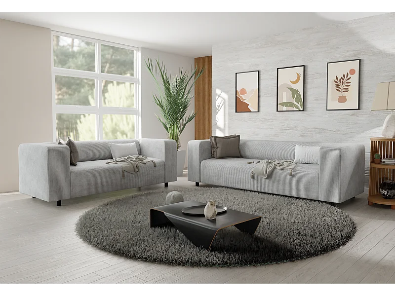 Ensemble de sièges moderne 3+2 en velours côtelé gris clair avec assise confortable THORA