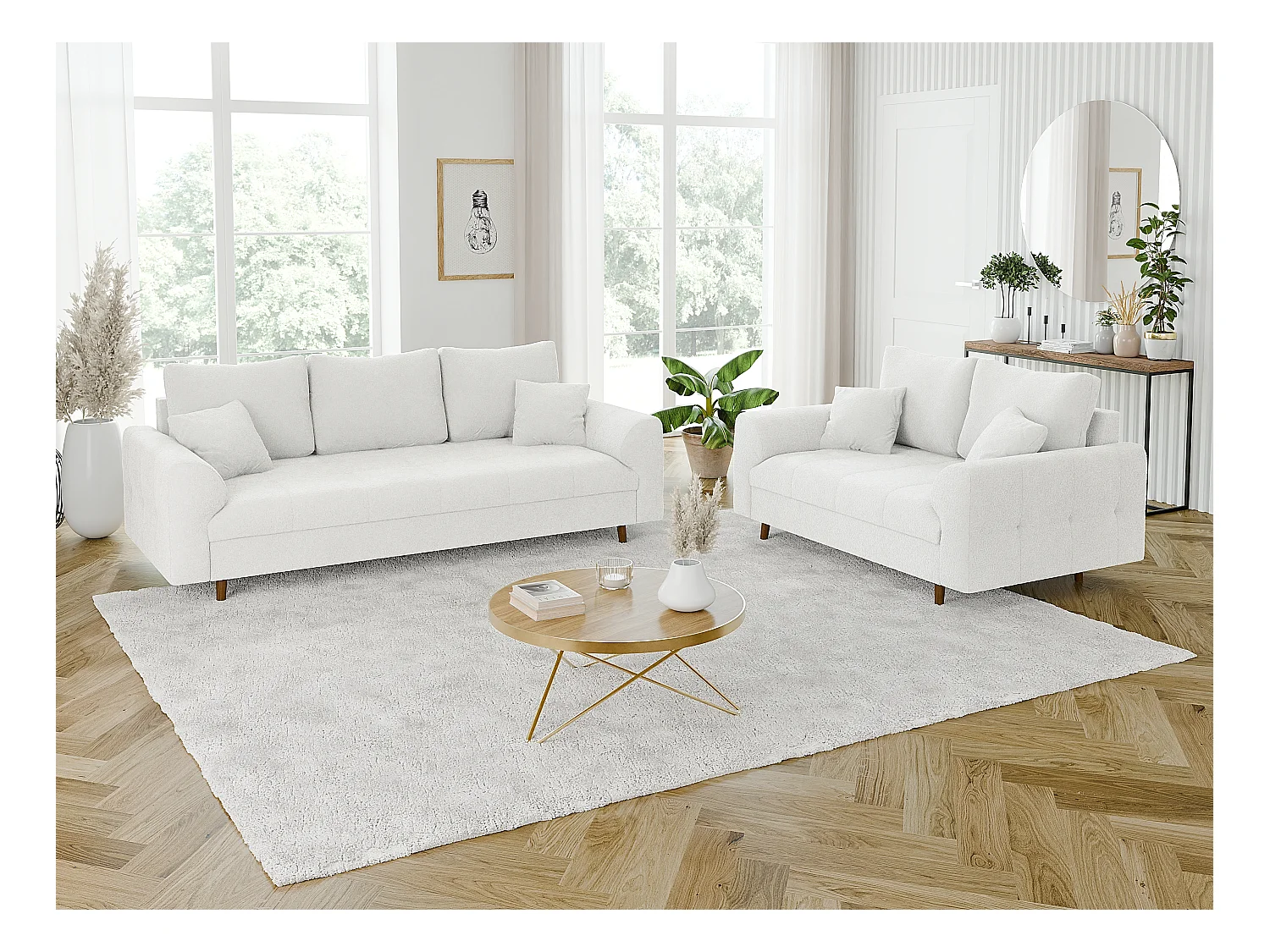 Nils - Polstergarnitur 3+2 mit Braun Holzfüßen im skandinavischen Stil aus Weiß Boucle-Stoff