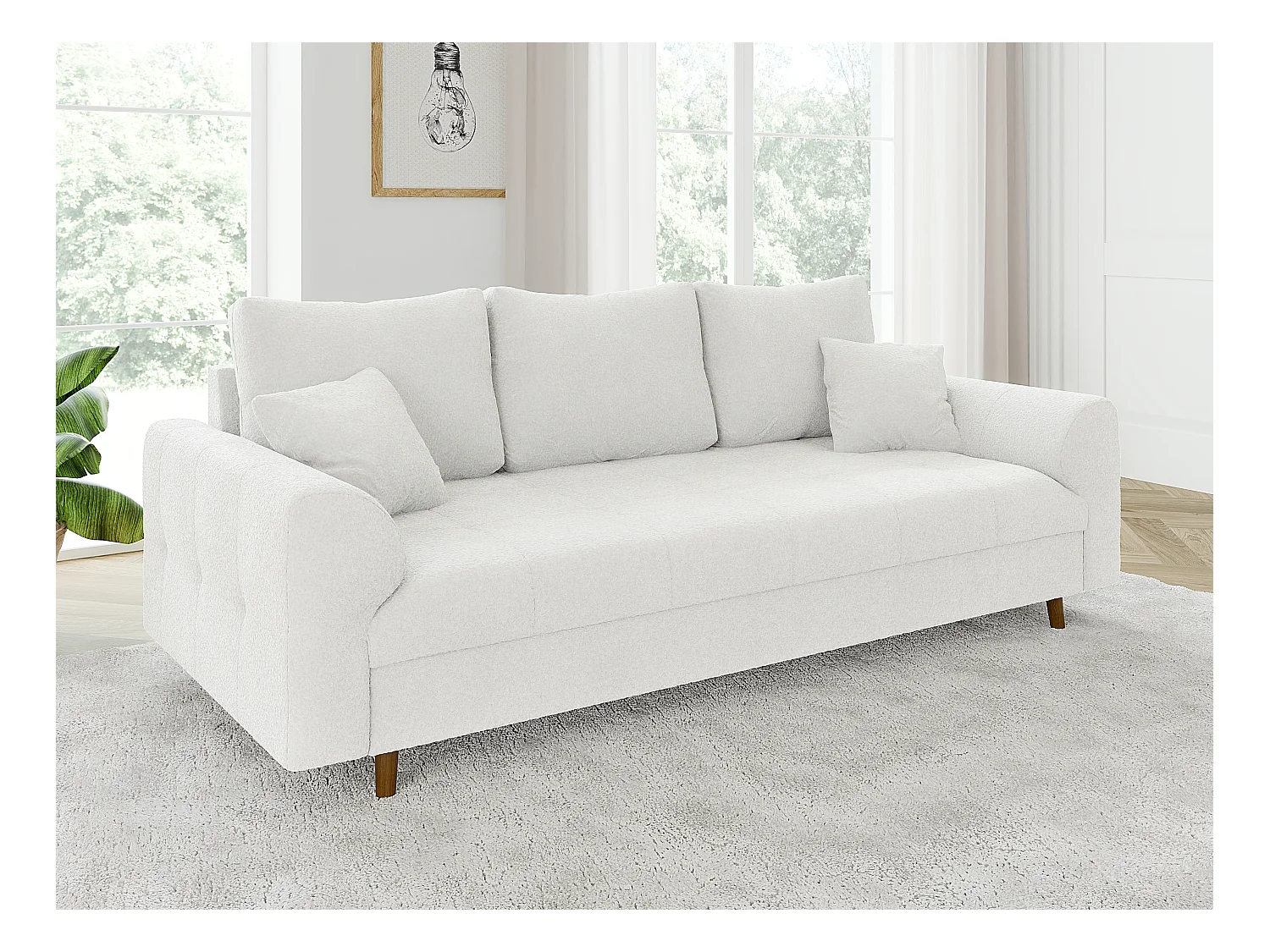 Nils - Polstergarnitur 3+2 mit Braun Holzfüßen im skandinavischen Stil aus Weiß Boucle-Stoff