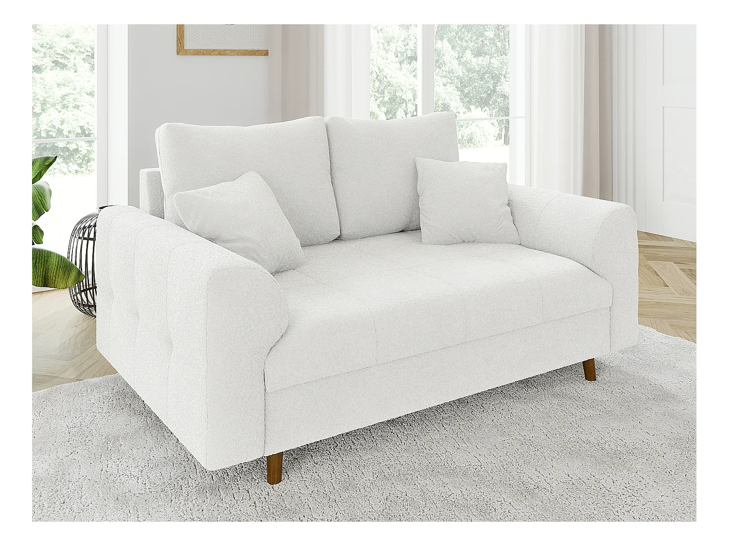 Nils - Polstergarnitur 3+2 mit Braun Holzfüßen im skandinavischen Stil aus Weiß Boucle-Stoff