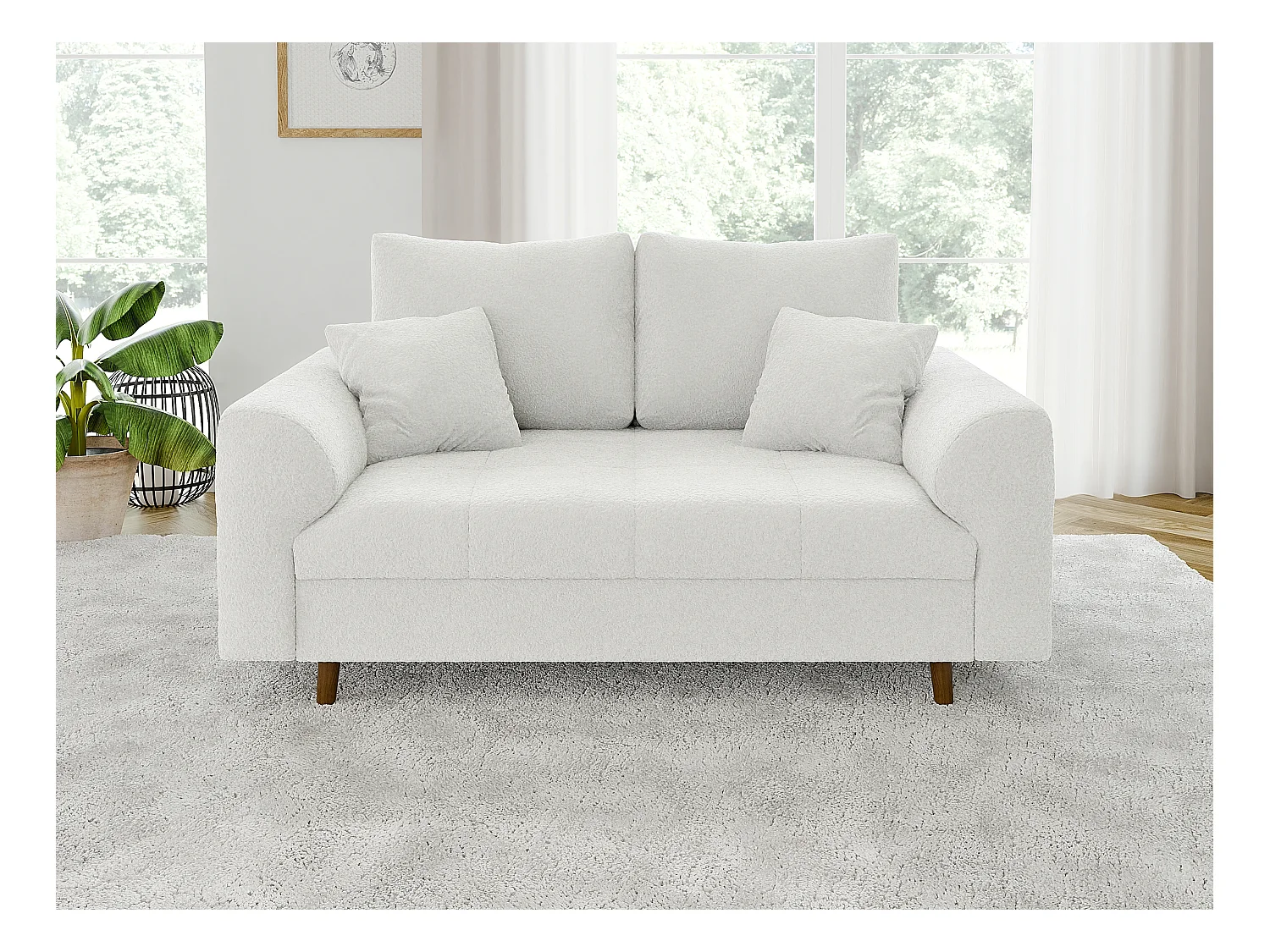 Nils - Polstergarnitur 3+2 mit Braun Holzfüßen im skandinavischen Stil aus Weiß Boucle-Stoff