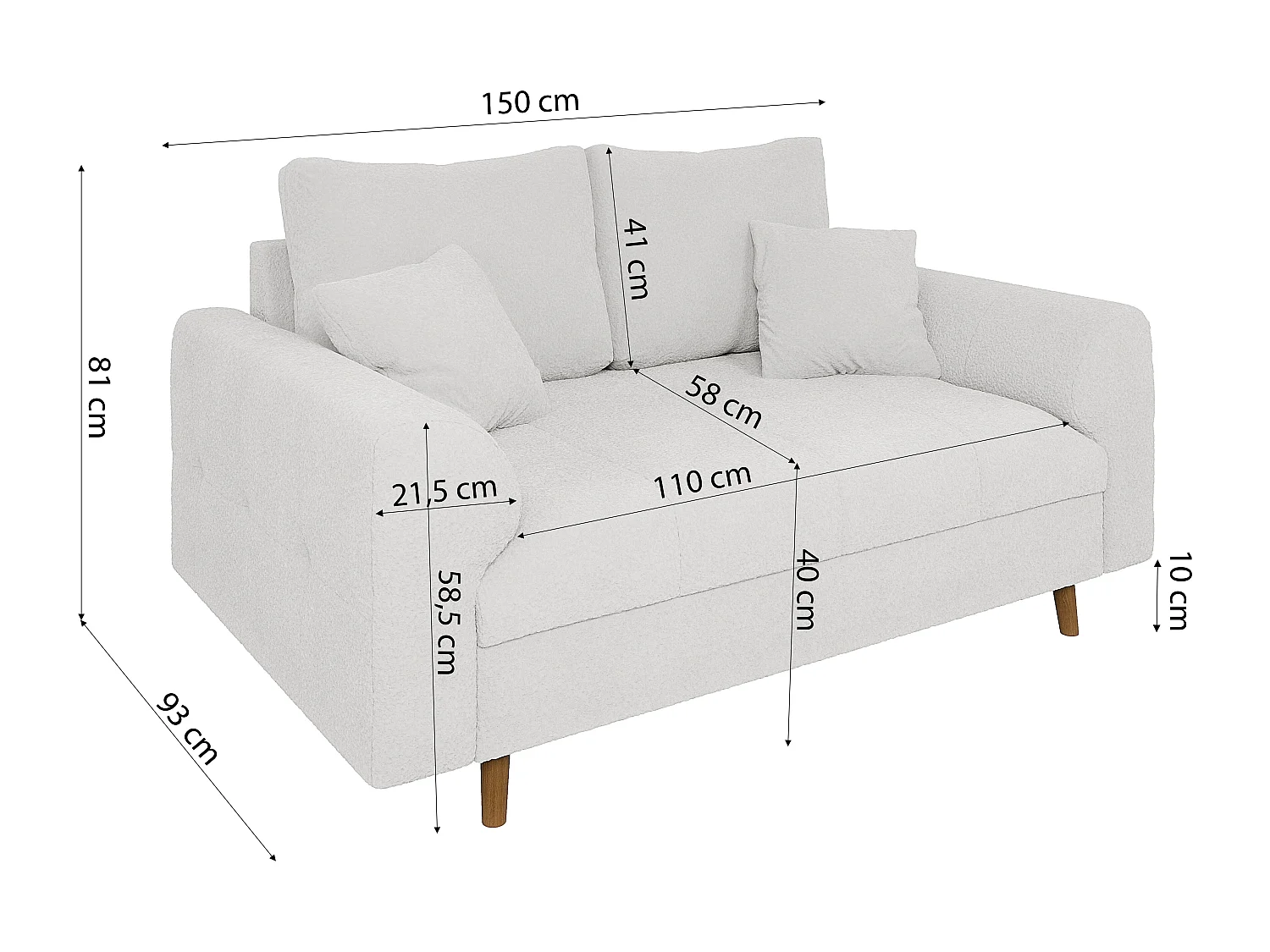 Nils - Polstergarnitur 3+2 mit Braun Holzfüßen im skandinavischen Stil aus Weiß Boucle-Stoff
