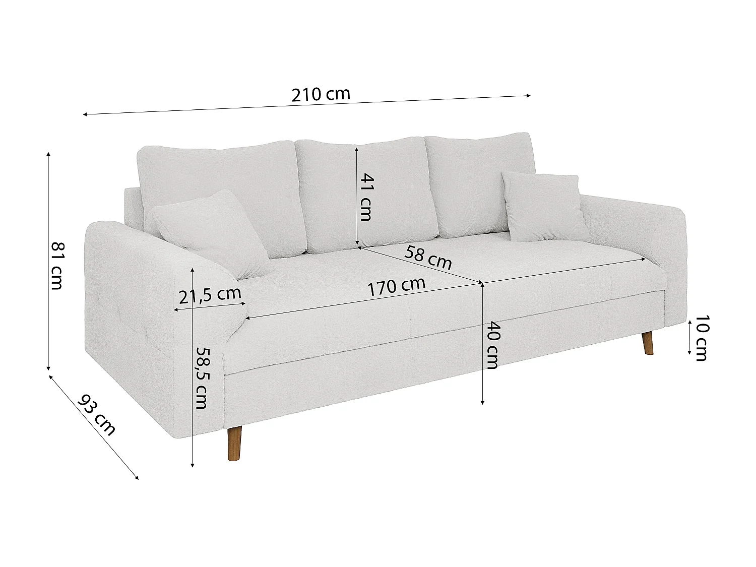 Nils - Polstergarnitur 3+2 mit Braun Holzfüßen im skandinavischen Stil aus Weiß Boucle-Stoff