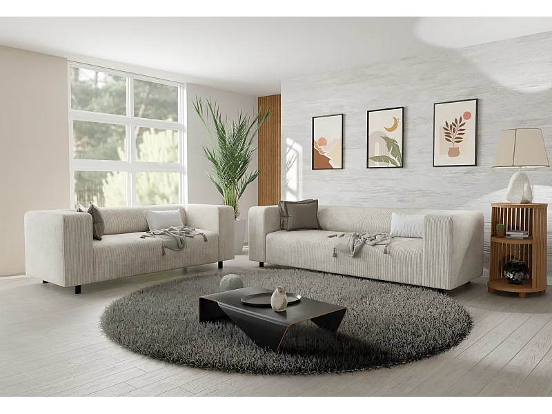 Thora - Modernes Polstergarnitur 3+2 aus Beige Cord-Stoff mit bequemem Sitz