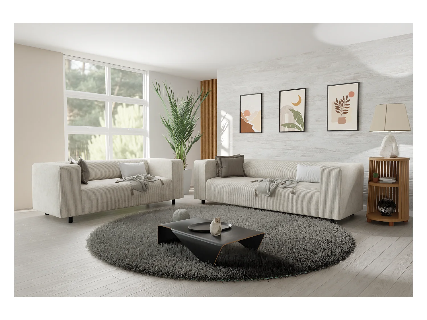 Ensemble de sièges moderne 3+2 en velours côtelé beige avec assise confortable THORA