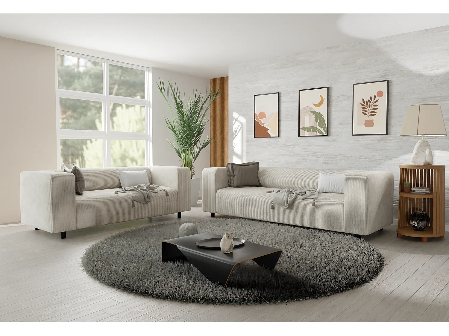 Ensemble de sièges moderne 3+2 en velours côtelé beige avec assise confortable THORA