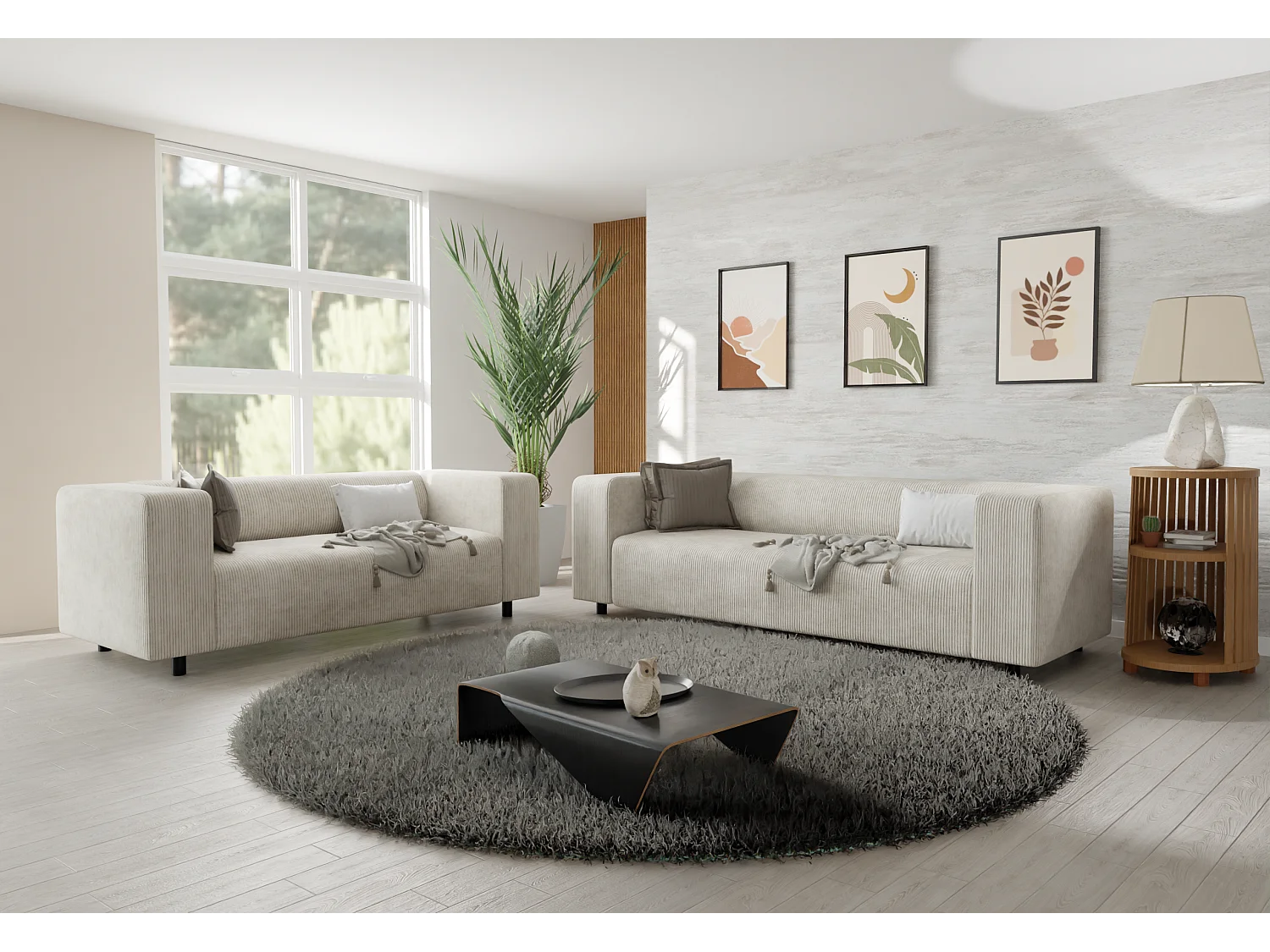 Ensemble de sièges moderne 3+2 en velours côtelé beige avec assise confortable THORA